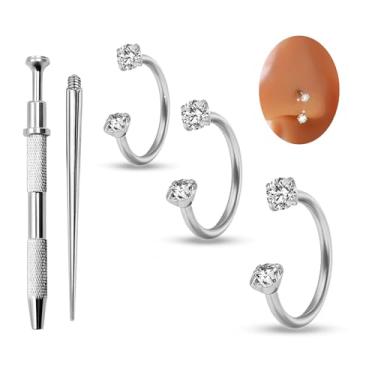 Imagem de HUASAI Anel de nariz em ferradura para mulheres, 18G, aço de titânio, duas pedras preciosas, 6 mm, 7 mm, 8 mm, prata, cartilagem, hélice, brinco, labret, piercing labial, joia, Large, Cristal, Sem