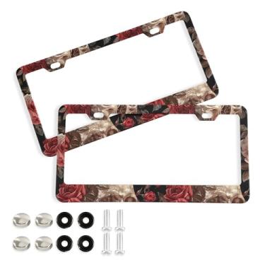 Imagem de SEHANY Molduras de placa de carro vintage rosa crânio, capas de alumínio à prova de ferrugem com furos elípticos e parafusos serve para veículos padrão dos EUA tamanho acessórios de carro para