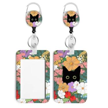 Imagem de Cordão floral de gato fofo para suporte de crachás, chaveiro retrátil, carretel de crachá fofo com clipe mosquetão de rotação de 360 graus