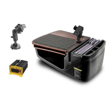 Imagem de AutoExec Mesa de carro GripMaster para sua estação de trabalho de veículo e escritório móvel, mogno, com inversor de potência de 400 watts, suporte para telefone e sucção para telefone