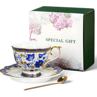 Imagem de ONEUSTAR Conjunto de xícara de chá e pires para 1 xícara de café floral Bone China com acabamento dourado 193 g xícara de chá inglesa vintage para presente de Dia das Mães, azul
