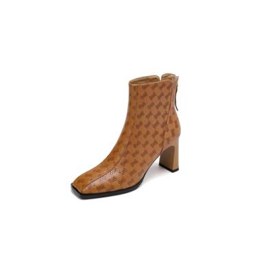 Imagem de TinaCus Bota feminina de couro legítimo em relevo bico quadrado feito à mão salto bloco com zíper, Caramel, 36