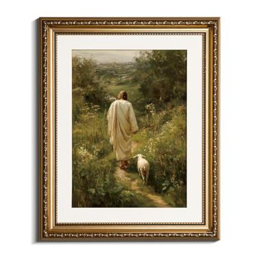 Imagem de InSimSea Arte de parede em tela emoldurada dourada decoração de parede de Jesus cristão decoração de parede para sala de oração Jesus e cordeiro impressão a óleo de arte para sala de estar quarto