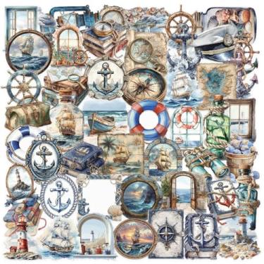 Imagem de 50 adesivos vintage náuticos transparentes para scrapbook – Decalques retrô à vela do oceano com âncoras, navios, faróis, rodas de leme, mapas e fuzileiros navais para diário, artesanato, álbuns de