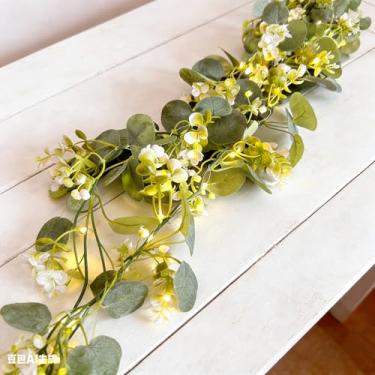 Imagem de Hoolight Luzes de corda de folhagem de folhas de eucalipto artificiais, 20 m, 20 luzes de LED de folhas de fadas, guirlanda de videiras brancas quentes e caminho de mesa, decoração de parede de pano