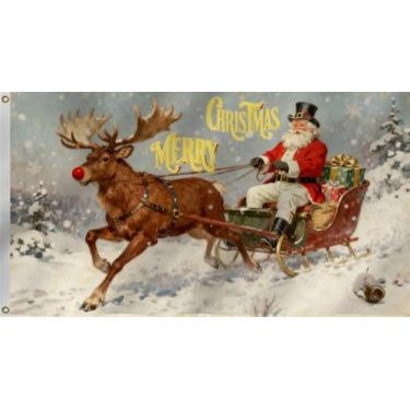 Imagem de Bandeira de casa de Feliz Natal/Papai Noel com bandeira de rena 2 x 3 pés, dupla face, feriado de inverno grande bandeira de casa festa quintal decoração ao ar livre. (2 x 3 pés)