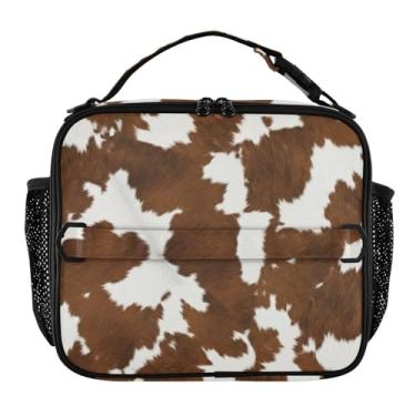 Imagem de Joisal Lancheira xadrez com remendos brancos de vaca para mulheres, meninas, lancheira masculina e infantil, lancheira para trabalho, bolsa térmica de alimentos portátil para escola