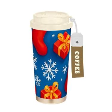 Imagem de Caneca de viagem de café 40 ml com canudo e tampa de enchimento, copos de parede dupla isolados a vácuo com revestimento cerâmico, floco de neve vermelho de Natal