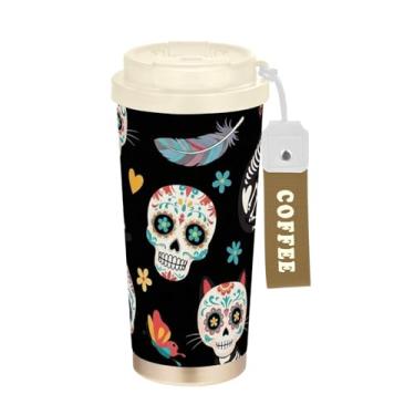 Imagem de TSENQUE Caneca de café colorida com caveiras e gatos, floral, preto, 473 ml, caneca de café com canudo e tampa, copos de parede dupla isolados a vácuo com revestimento cerâmico para escritório, escola