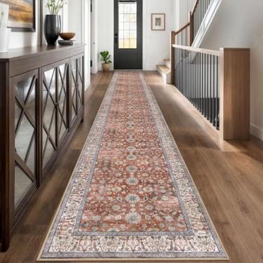 Imagem de KUTA Tapete de corredor longo lavável vintage, 6 x 45 cm, tapetes de terracota para corredores, antiderrapante, tapete de cozinha ultrafino, macio, estampado, floral, desgastado, para lavanderia