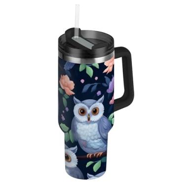 Imagem de Copo com alça 1,134 g Copos de aço inoxidável com tampa e canudo Garrafas de água com isolamento térmico carros xícara de café bebida quente engraçado corujas flores