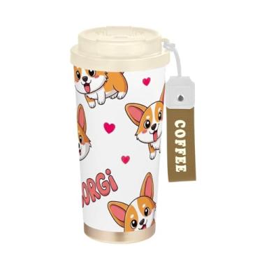 Imagem de Caneca de viagem de café 40 ml com canudo e tampa, revestimento cerâmico, isolamento a vácuo, copo de café de aço inoxidável, à prova de vazamento, estampas fofas de corgis rosa