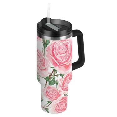 Imagem de Copos de aço inoxidável com tampa e canudos Caneca de café quente branca flor rosa para impressão de carro Copo de 1,134 g com alça Garrafas de água isoladas