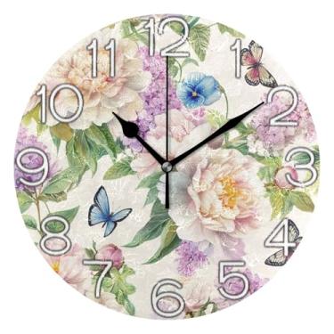 Imagem de GAIGEO Relógio de parede analógico decorativo estético silencioso sem tique-taque quarto relógio de cozinha, decoração de parede de casa de fazenda moderna floral creme peônias coloridas, 25 cm