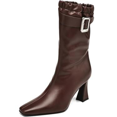 Imagem de TEAIEUI Botas de cano médio femininas de salto alto bloco grosso botas de cano curto botas de bico quadrado com fivelas botas modernas, Marrom, 36