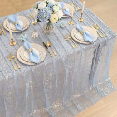 Imagem de Horaldaily Toalha de mesa de gaze azul dourada retangular 152 x 300 cm, folha metálica com glitter de lantejoulas douradas, gaze de tule transparente para casamento, chá de bebê, cerimônia de