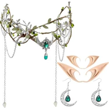 Imagem de MOSTORY Conjunto de acessórios renascentistas medievais - Coroa de elfo viking orelhas de elfo e brincos de lua para mulheres Renfaire Fairy Cosplay, Prata - Verde, adjustable