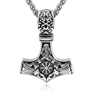 Imagem de Hoyazvet Colar masculino com martelo de Thor Viking, ouro 18K, preto/aço inoxidável, pingente de amuleto Mjolnir, bússola pagã nórdica, joia viking nórdica, com caixa de presente, Aço inoxidável, Sem