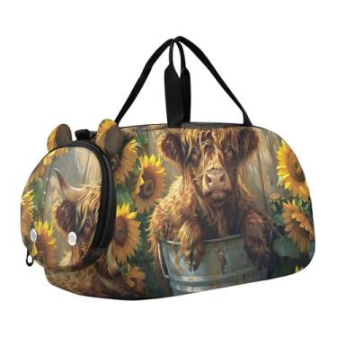 Imagem de Bolsa esportiva para meninos durante a noite, bolsa de viagem para viagem, academia, vaca, roxo, manchas pretas, Girassóis de vaca Highland, Clássico