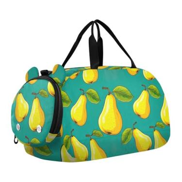 Imagem de Bolsa esportiva para meninos de fim de semana para noite com caras fofas de coala, amarelo claro, bolsas de viagem para meninas, compartimento para sapatos, Peras amarelas, folhas verdes