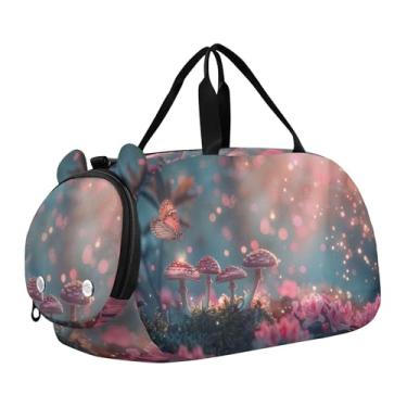 Imagem de Bolsa esportiva para meninos Highland Cow Pink Glasses Overnight Weekender Bolsa de viagem para meninas, flores de borboleta de cogumelos, Clássico