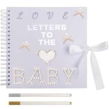 Imagem de BINBE Livro de recortes de 20 x 20 cm Letras para o bebê, faça você mesmo, álbum de papel em branco, livro de memória, placa com pérola, adesivos de fotos, letras metálicas, laços brancos