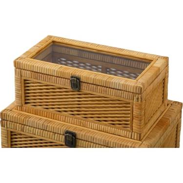 Imagem de SOFE Caixa de armazenamento retangular de vime com tampa, conjunto de 2 caixas decorativas empilháveis para decoração de casa, organizador de prateleira multiuso, design de cor natural, sala de estar