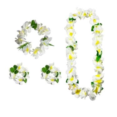 Imagem de Leis havaiano espesso, 4 peças brancas de casamento Leis para festa Luau, colar de formatura Lei Tiki Hula Dança verão aniversário praia piscina festa lembranças