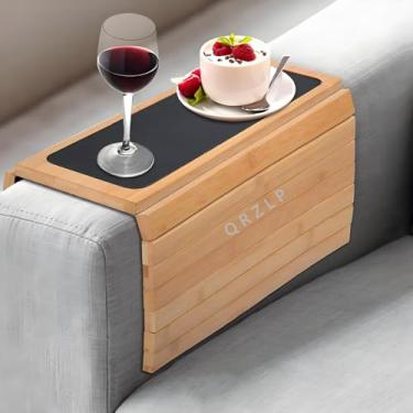 Imagem de Bandeja de braço de sofá, mesa dobrável de braço de sofá com suporte de copo de bambu antiderrapante para bebidas, lanches, laptop, livros, lanches, controle remoto, celular.