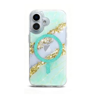 Imagem de Teayoha Capa com glitter para iPhone 16 Pro Max, capa de telefone brilhante brilhante de luxo compatível com MagSafe, capa transparente com detalhes em folha dourada 3D mármore para mulheres, meninas