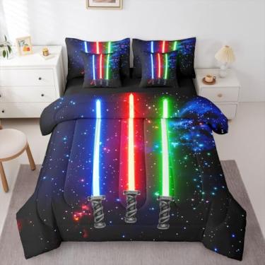 Imagem de Feelyou Conjunto de edredom com sabre de luz de galáxia 3D, sabre de luz, verde, azul, vermelho, 7 peças, para decoração de quarto de crianças, meninos, meninas, sabre de luz, néon, conjunto de cama