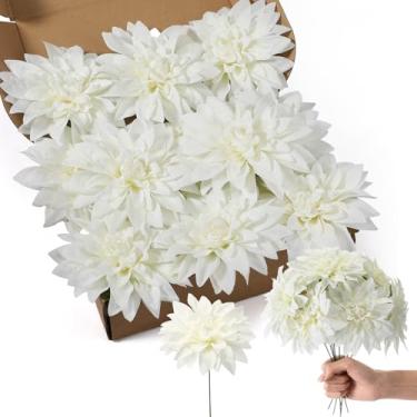 Imagem de Norme 24 peças de flores artificiais grandes de 13 cm, dálias falsas de seda com caules, flores falsas, buquês de casamento, arranjos florais para decoração de mesa de chá de panela DIY (branca)