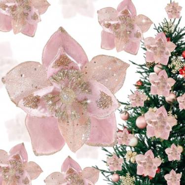 Imagem de Norme 15 peças, 3 tamanhos de veludo, flores de poinsétia de Natal, magnólia, glitter, flores artificiais, ornamentos de poinsétia para árvore de Natal, guirlanda de casamento, decoração de férias