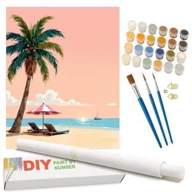 Imagem de Kit de pintura à beira-mar por números para adultos – Praia tropical DIY com pintura de palmeira em tela enrolada 40 x 50, conjunto de tinta acrílica, adequado para iniciantes, arte para decoração de