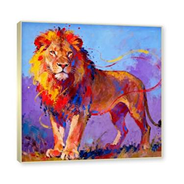 Imagem de NHLDZYH Moldura dourada. Pintura de leão colorida, impressão de arte abstrata vibrante, decoração de parede de animais selvagens e enérgicos, tela contemporânea moderna para quarto, academia, quarto