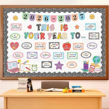 Imagem de Capoda Este é o seu ano conjunto de quadro de avisos motivacional Bem-vindo de volta às aulas decorações de quadro de avisos inspiradores recortes de papel de afirmação para 2026 decorações de parede