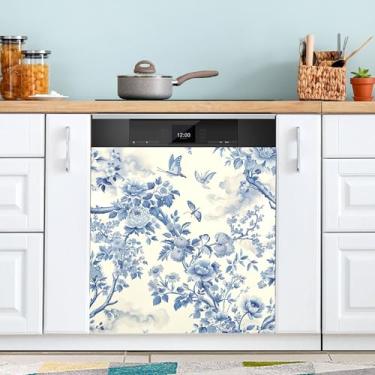 Imagem de SEHANY Aquarela Bluebirds capa magnética para lava-louças, adesivos magnéticos decorativos antiarranhões para painel de geladeira e lava-louças, decoração de flores de fazenda de cozinha doméstica 58