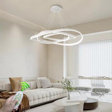 Imagem de Luminária pendente moderna de LED para restaurante, com intensidade regulável, em metal, com controle remoto, na cor preta. Possui luzes circulares irregulares e é ideal para sala de estar,