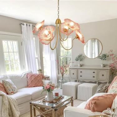 Imagem de Lustre nórdico moderno com 6 luzes, luminária suspensa para ilha de cozinha, luminária pendente em vidro com formato de folha de lótus, luminária suspensa clássica francesa com estampa flora