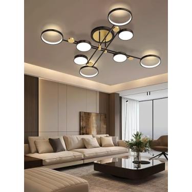 Imagem de Lustre de teto moderno com LED dimerizável, semi-embutido, com controle remoto - Lustre dourado/preto para sala de estar, quarto, sala de jantar e cozinha (preto, 8 lâmpadas)