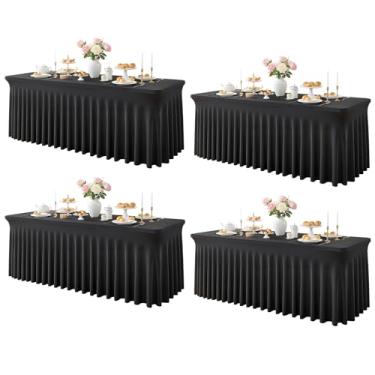 Imagem de Besutolife Toalha de mesa preta de elastano com saia para mesas retangulares de 2,4 m, 4 pacotes, resistente a rugas, esticável, lavável na máquina, perfeita para casamentos, banquetes, festas de