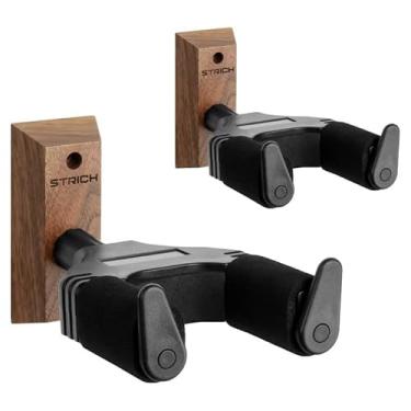 Imagem de STRICH Suporte de parede para guitarra, nogueira, em forma de U com parafusos, gancho de suporte de guitarra com trava automática para guitarra acústica, guitarra elétrica, banjo, baixo (pacote com 2)