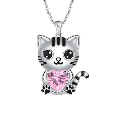 Imagem de CASOLVX Colar de gato preto - Colar de coração de gato fofo com coração de strass - joia para mulheres e meninas adolescentes, standard, Metal, Strass