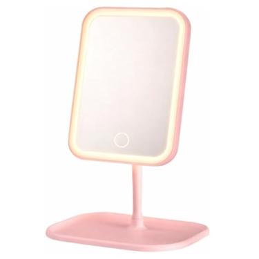 Imagem de Espelho de Maquiagem LED com Toque 3 Cores de Luz e Ajuste de Brilho, Espelho HD, Recarregável USB Portátil para Viagens e Presente(Retangular Rosa)