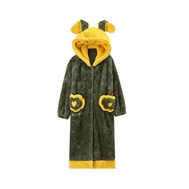 Imagem de HHHJQFAAT Pijama de inverno com capuz versão solta coral camisola de lã feminina roupa de dormir robe plus size (verde grande)
