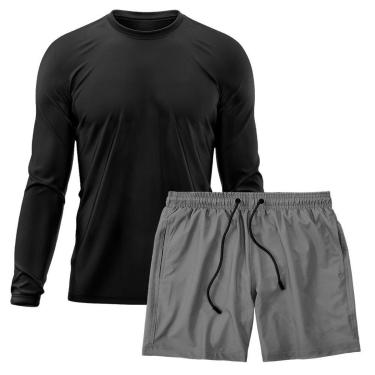 Imagem de Kit Short Praia Academia Passeio Treino Cinza + Manga Longa Masculina Segunda Pele Dry-Masculino