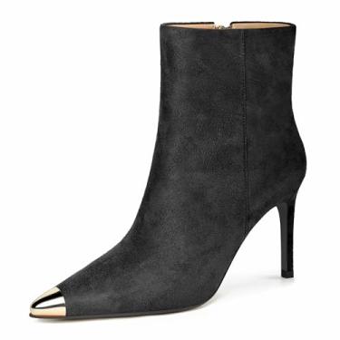 Imagem de XINIUNIU Bota feminina de cano baixo, salto agulha gatinho, bico fino, bico fino, camurça, zíper lateral, 8,5 cm, vestido curto, Preto, 40