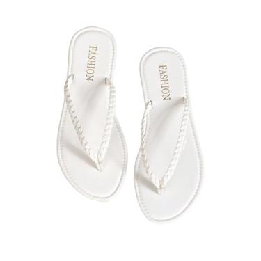 Imagem de GORGLITTER Chinelo feminino de couro, trançado, verão, praia, férias, bico aberto, tanga deslizante, Branco, 39