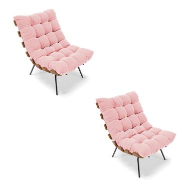 Imagem de Kit 02 Poltronas Costela Suede Rosa Bebê Base Metálica Preto - D'Rossi