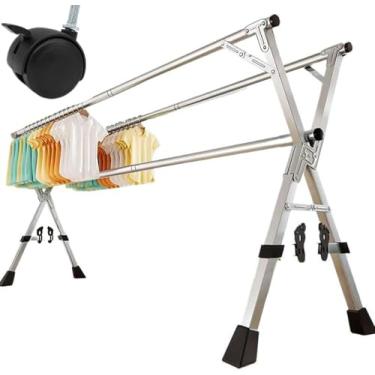 Imagem de Escorredor de roupas de aço inoxidável 238,8 cm - Portátil, prateleira ajustável para lavanderia com rodas para uso interno - Solução de economia de espaço para toalhas, lençóis de cama e roupas